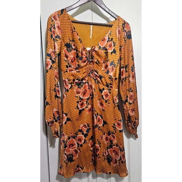 Free People Morning Light Floral Print Ruched Mini Dress Long Sleeve Gold 8 NWT - Picture 3 of 10